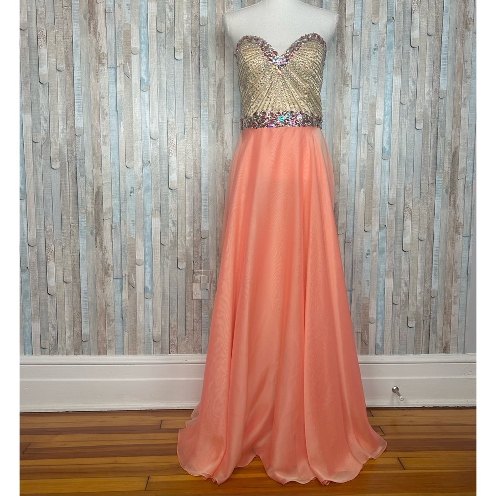 Sherri Hill 12 Peach Beaded Jeweled Bodice Strapless Gown Dress Embellished Prom
